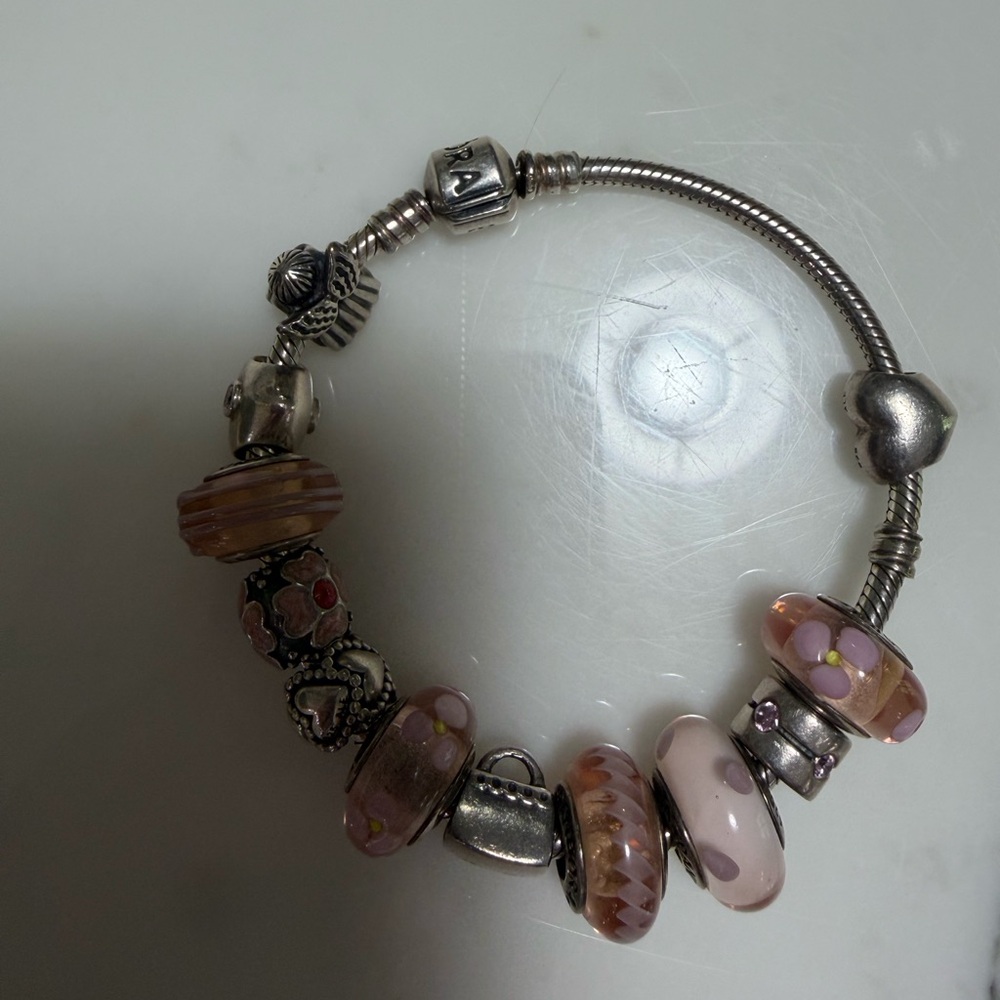 Pandora Sterling Silver Bracelet with Pink Floral Glass Beads